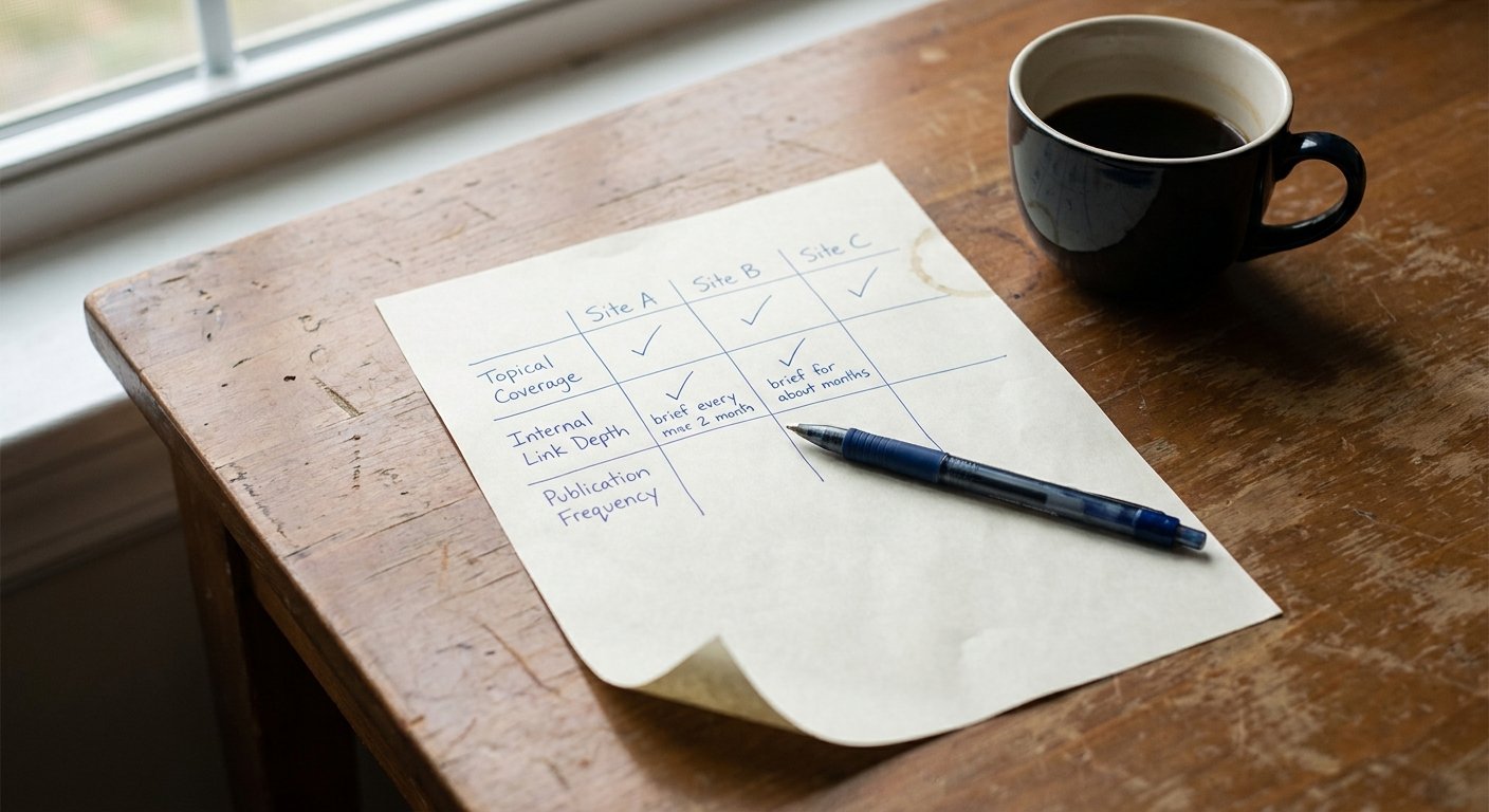 Printed topical authority comparison matrix with ballpoint annotations on desk