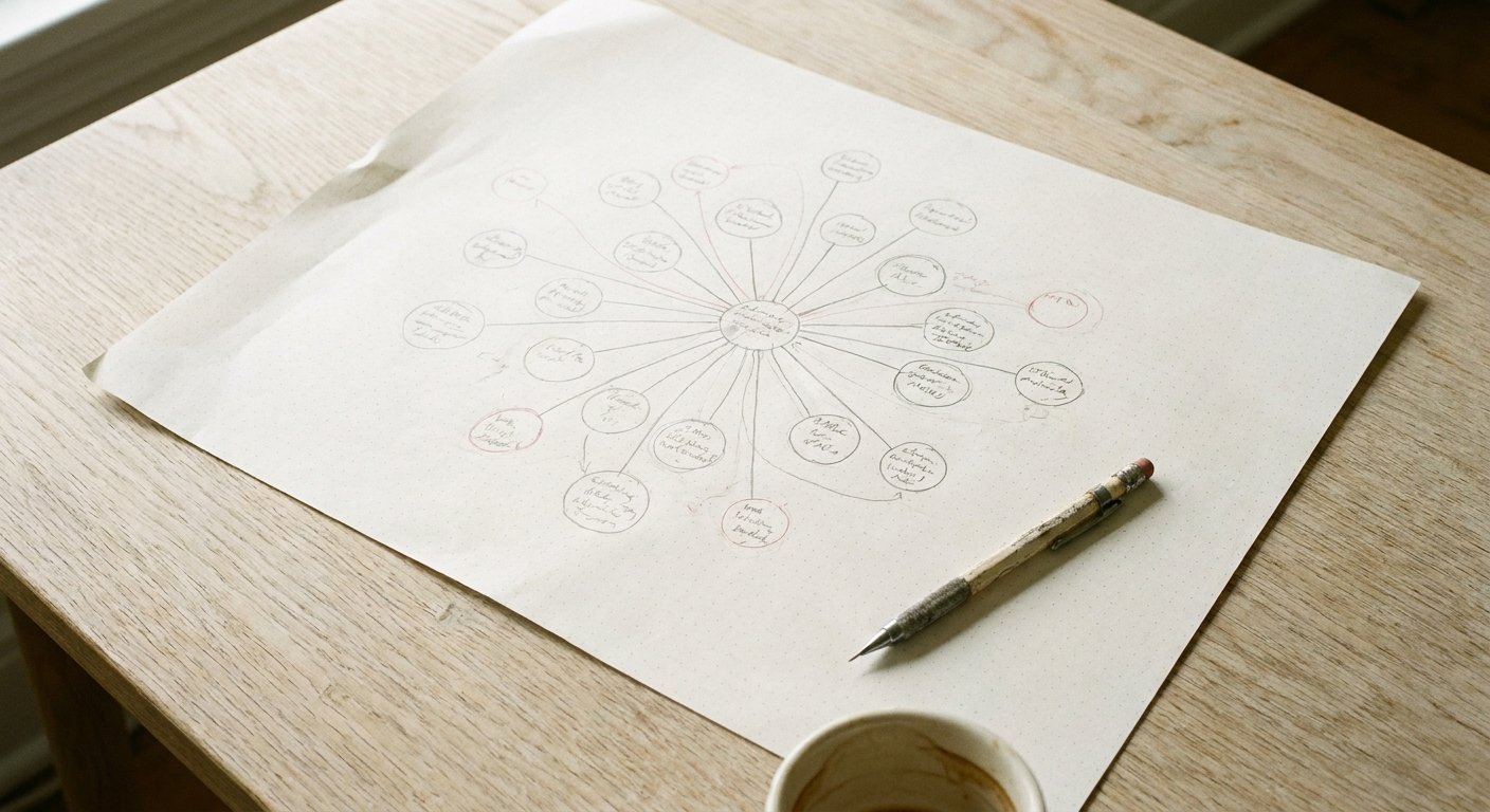 Top-down flat-lay of hand-drawn topic cluster map on dot-grid paper