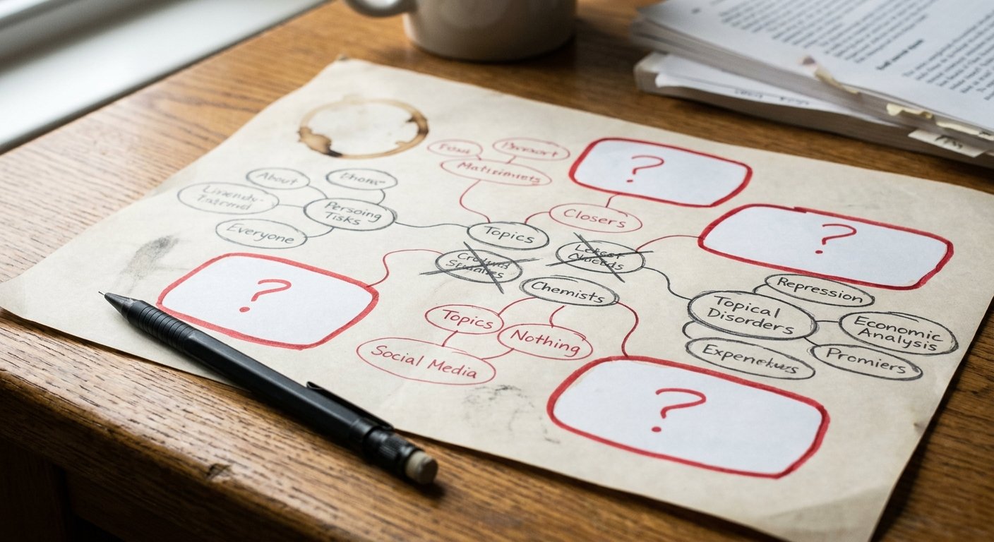 Hand-drawn topical map with red-outlined content gaps on paper