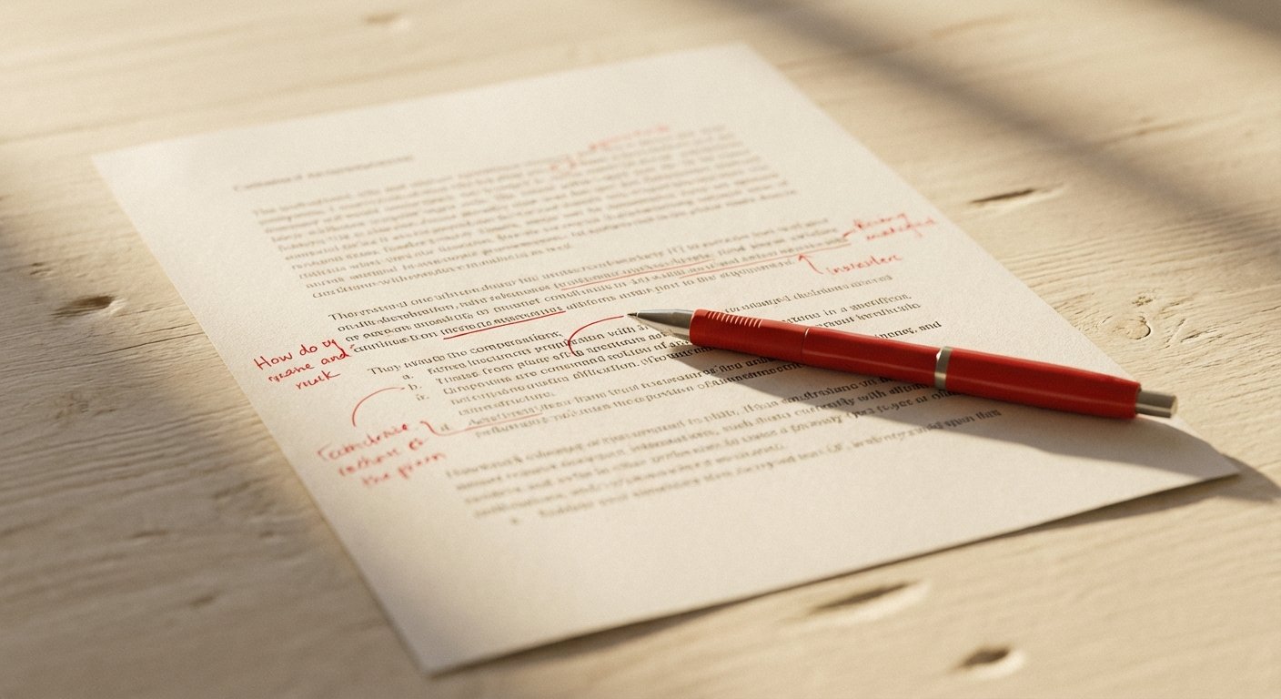 printed editorial checklist with red pen markup on desk surface