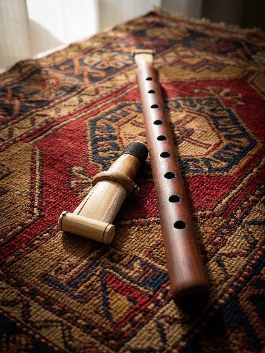 دودوك أرميني يستريح على نسيج مطرز تقليدي تحت ضوء طبيعي دافئ