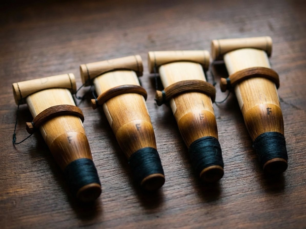 Nahaufnahme eines Duduk-Mundstücks aus Schilfrohr, die die natürliche Faserstruktur zeigt.