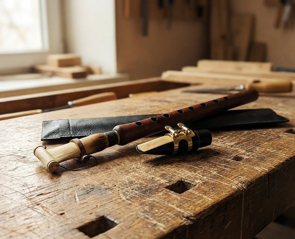 Duduk mit Parda-Mundstück ruht auf einem hölzernen Werkstatttisch im warmen natürlichen Licht