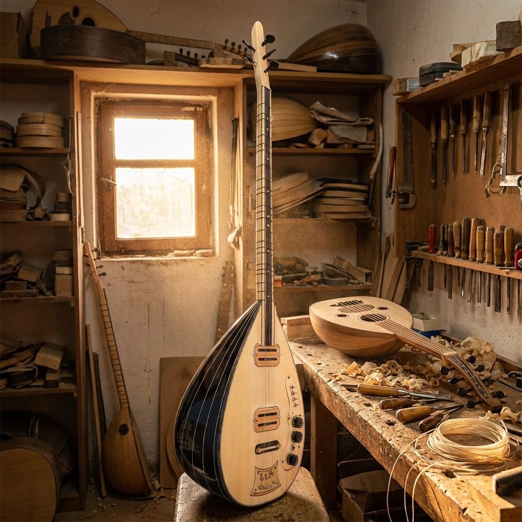 Elektrisk baglama som vilar i traditionell Izmir-luthierverkstad bland handgjorda verktyg
