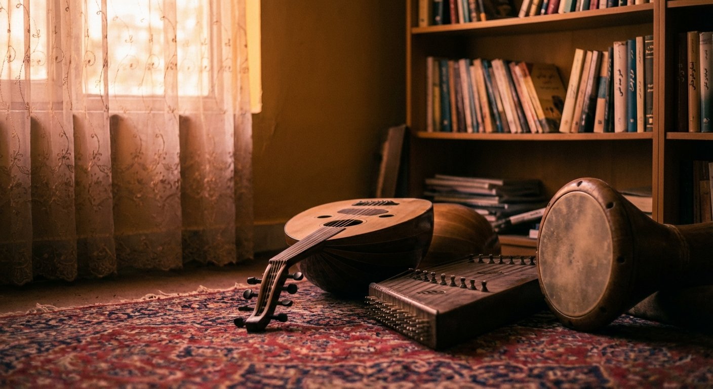 Setar et santour persans traditionnels dans un cadre domestique de diaspora