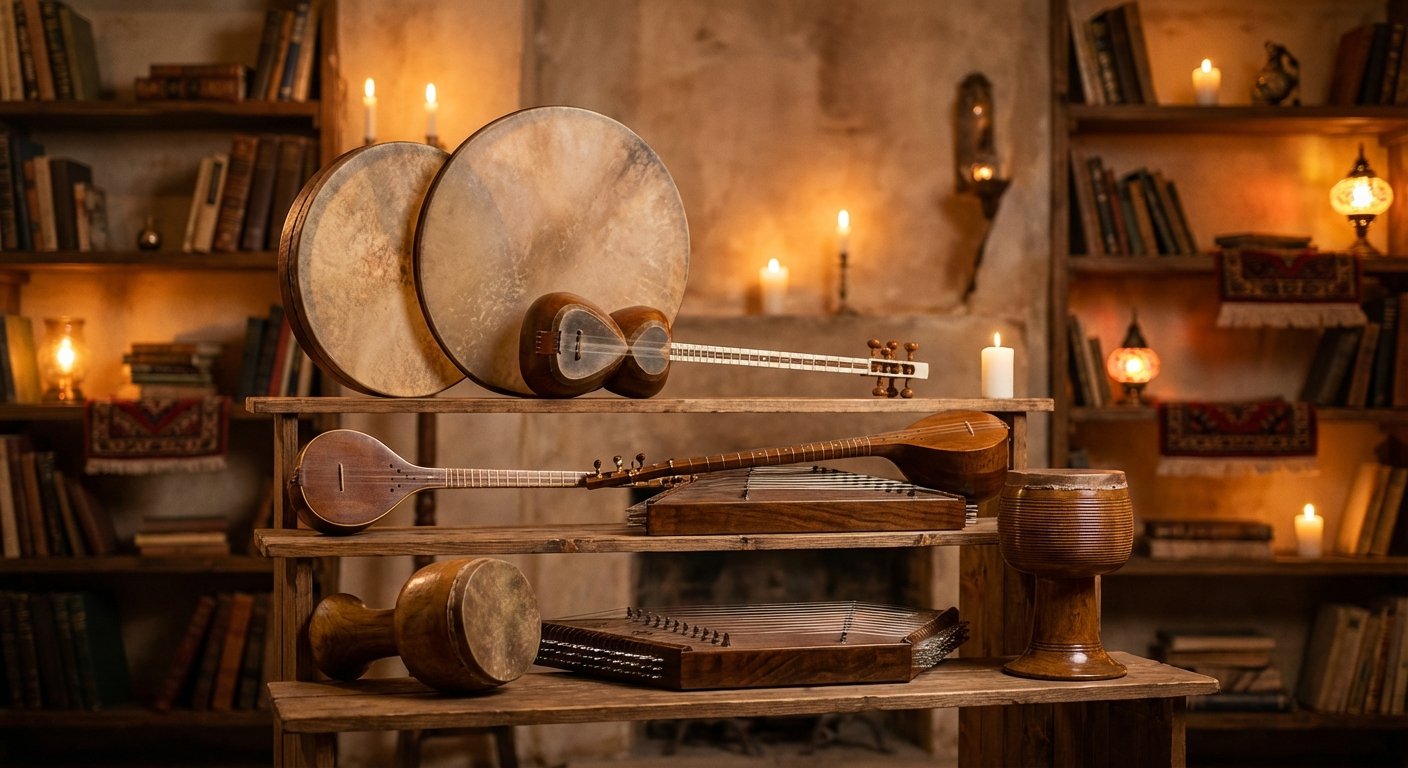 Collection d'instruments classiques persans (santur, ney, tombak) exposée dans un studio traditionnel