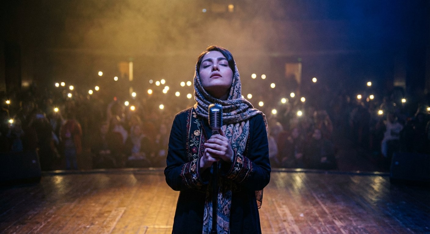 Une chanteuse iranienne se produit en solo sur scène dans une salle de concert de la diaspora