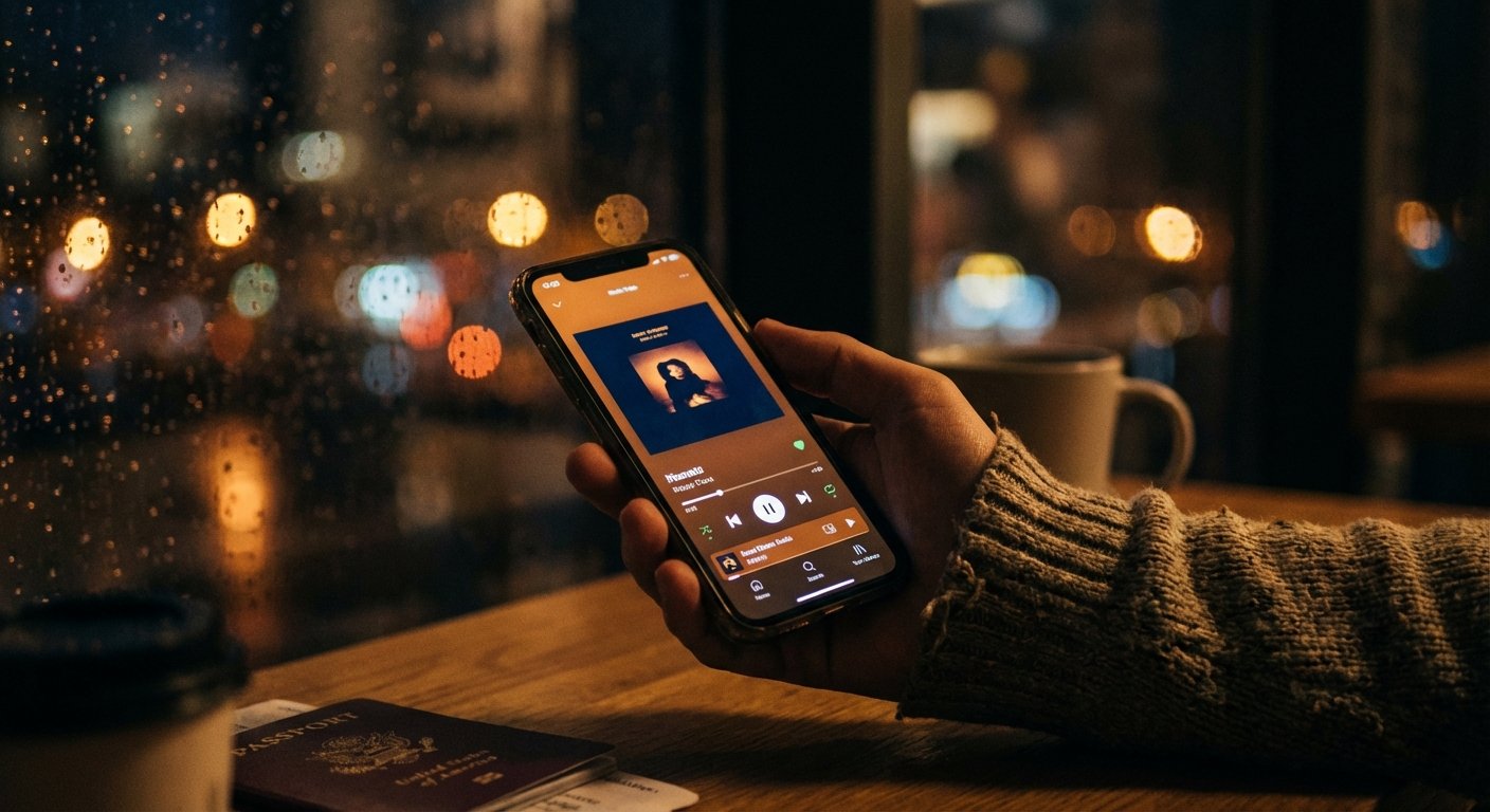 Smartphone illuminé par une application de streaming musical dans une douce lumière tamisée