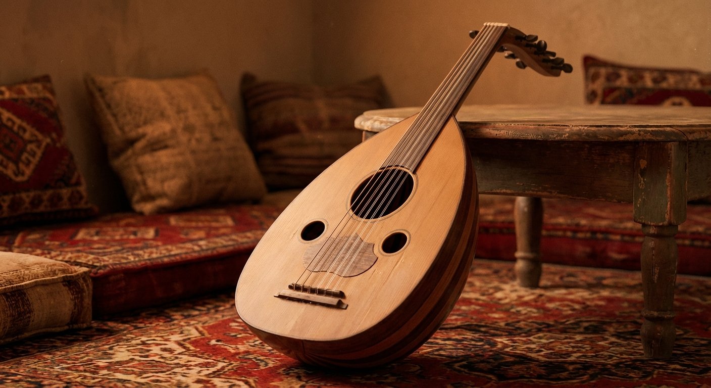 عود موضوع على وسائد في غرفة شرق أوسطية تقليدية مضاءة بإضاءة دافئة