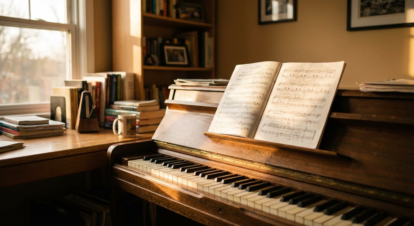 لوحة مفاتيح البيانو مع نوتات موسيقية على مكتب في ضوء غرفة التدريب الدافئ